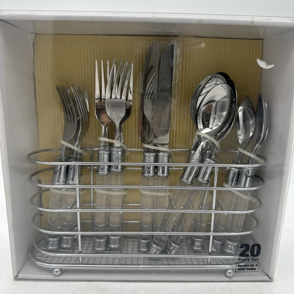 The Cellar Flatware Set Silverware Clear Plastic Handle 2002 NOS W caddy  20 Pc